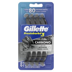 Gillette Prestobarba 3 Carbono Máquina de Afeitar con Carbón Activado, 8 Uds